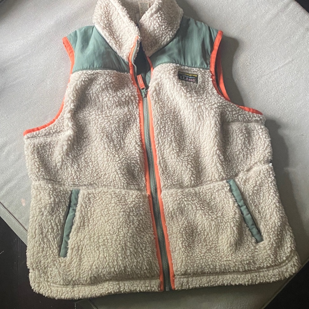 L.L. Bean Cream Sherpa Vest with Mint Panels and Coral Trim